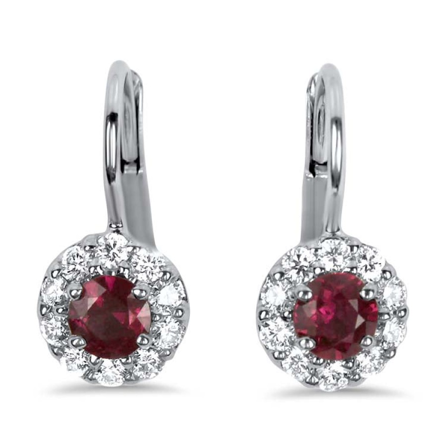 Jewelry Springer's Collection Dangle & Drop Earrings | 18K White Gold Pair Of Ruby And Diamond Lever Back Earrings