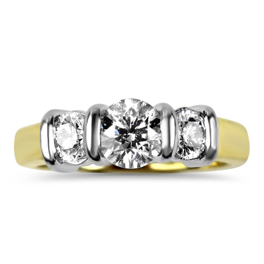 Estate PAGE Estate | Estate Platinum And 18K Yellow Gold Bar-Set Three Ideal Cut Diamond Ri