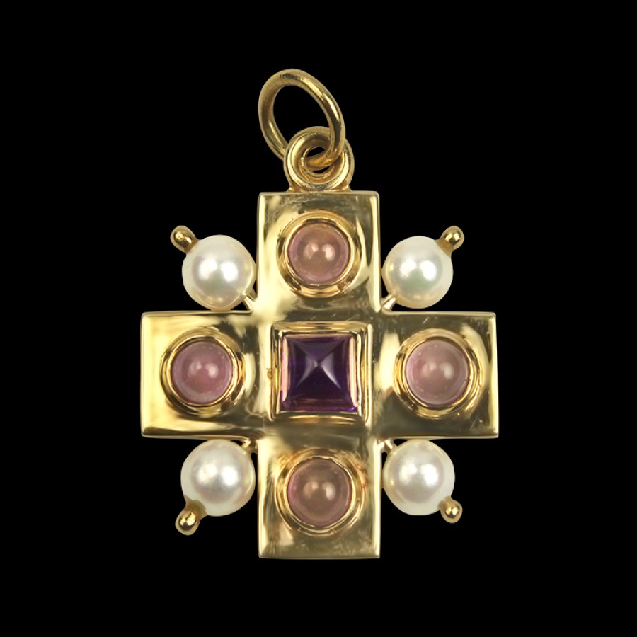 Estate PAGE Estate | Estate 14K Yellow Gold Amythest & Pearl Square Cross Pendant