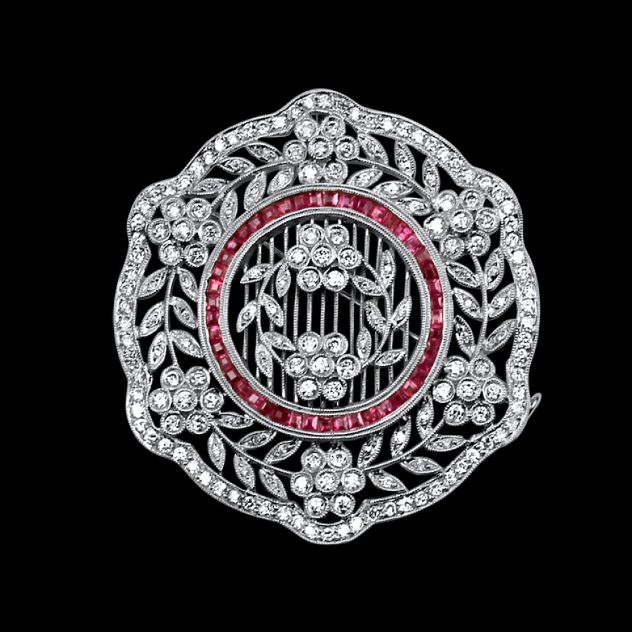 Estate PAGE Estate | Estate 18K White Gold Diamond & Ruby Brooch/Pendant