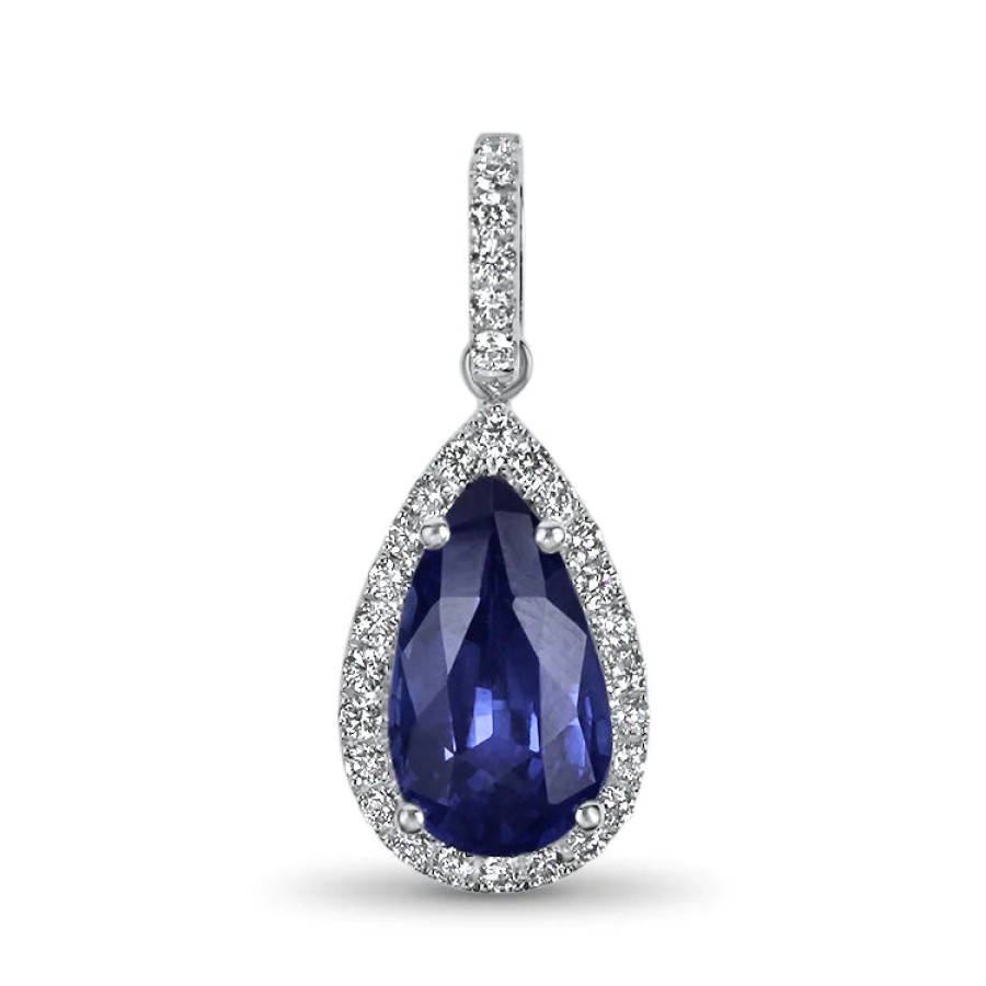 Jewelry Springer's Collection Pendants | 14K White Gold Pear Cut Ceylon Sapphire And Diamond Pendant