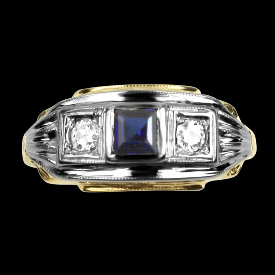 Estate PAGE Estate | Estate 14K Yellow & White Gold Synthetic Sapphire & Diamond Ring