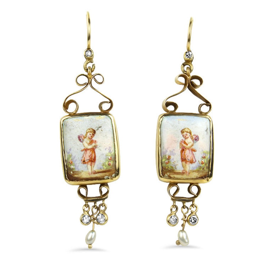 Estate PAGE Estate | Estate Vintage Diamond And Cherub In Garden Dangle Earrings