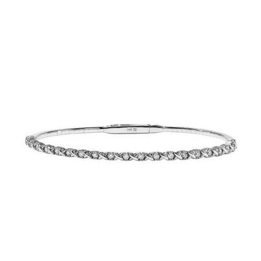 Jewelry Christopher Designs Bangle Bracelets | Christopher Designs 14K White Gold Crisscut Diamond "X" Memory Cuff Br