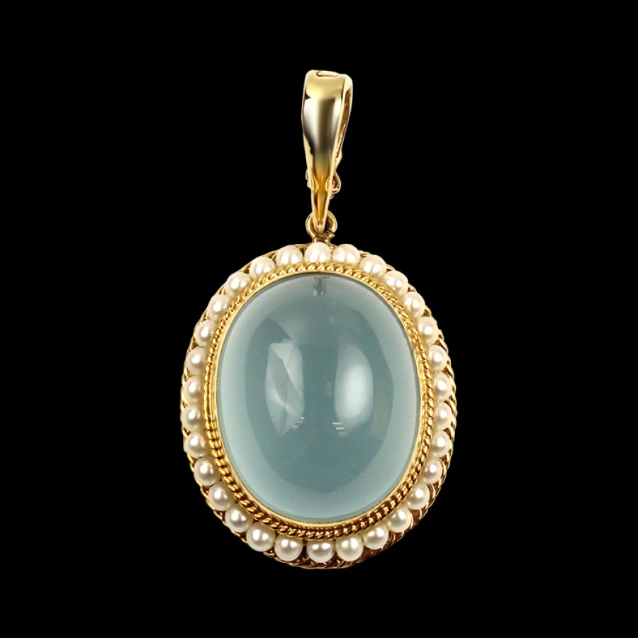 Estate PAGE Estate | Estate 18K Yellow Gold Oval Aquamarine Cabochon & Pearl Pendant