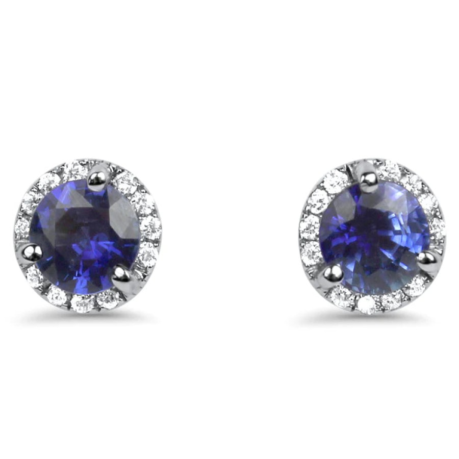 Jewelry Springer's Collection Stud Earrings | 14K White Gold Ceylon Sapphire And Diamond Halo Stud Earrings