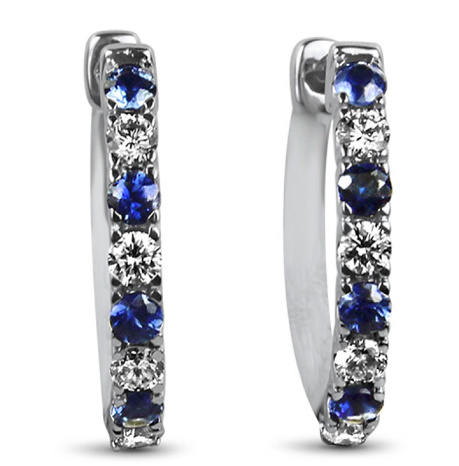 Jewelry Springer's Collection Hoop Earrings | Springer'S Collection 14K White Gold Sapphire And Diamond Hoop Earring