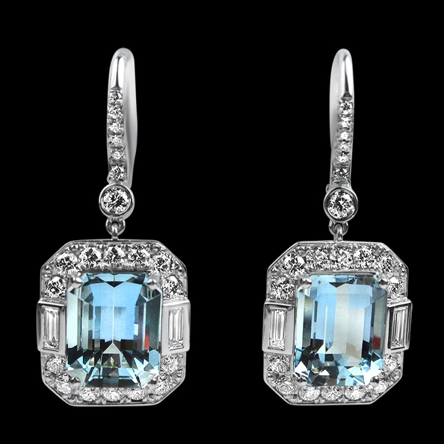 Jewelry Springer's Collection Diamond Earrings | Springer'S Collection Platinum Aquamarine And Diamond Earrings