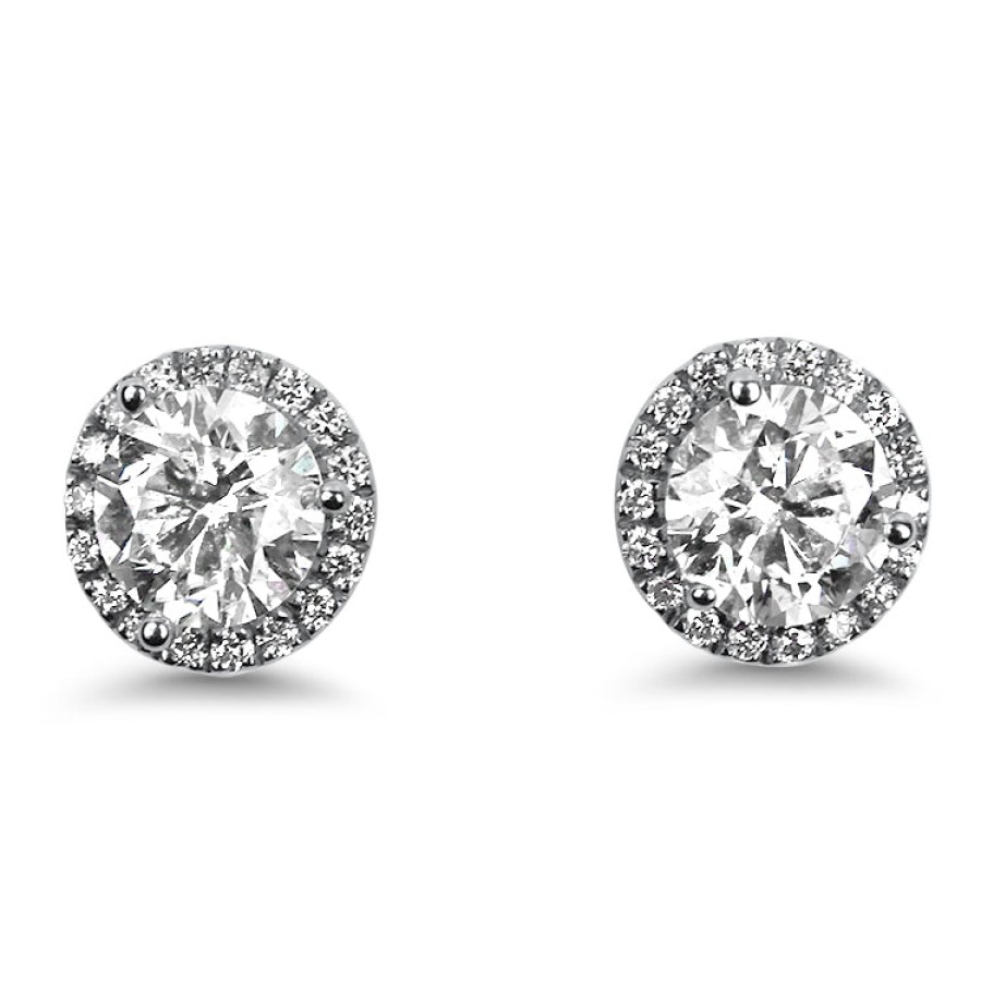 Jewelry Springer's Collection Diamond Earrings | 18K White Gold Pair Of Diamond Stud Halo Earrings - 1.61Ctw