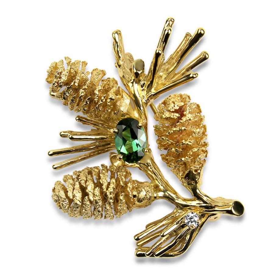 Estate PAGE Estate | Estate 14K Yellow Gold Tourmaline And Diamond Pine Cone Pin