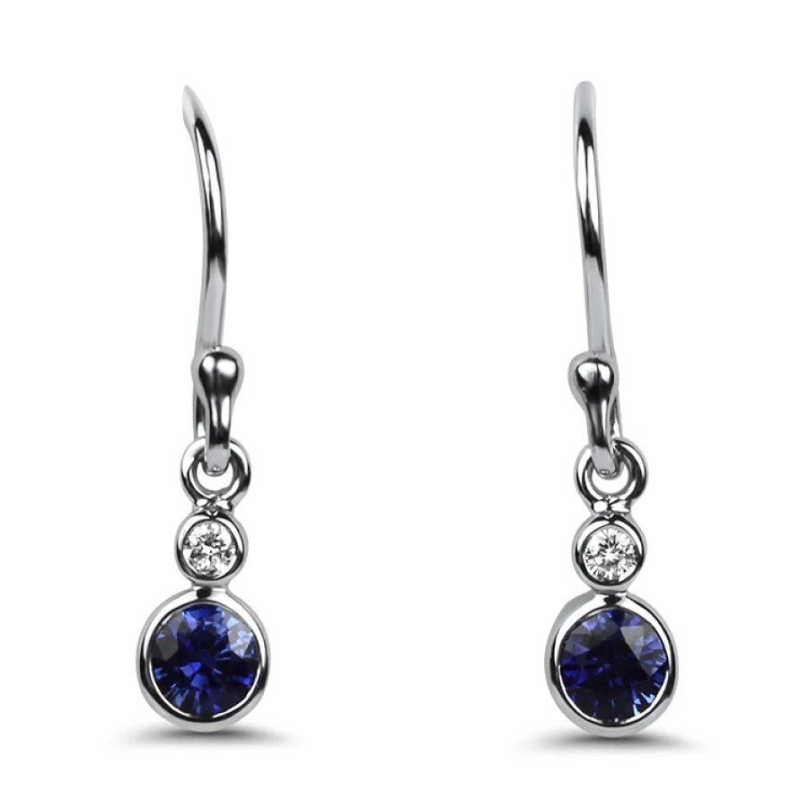 Jewelry Springer's Collection Stud Earrings | 18K White Gold Pair Of Blue Sapphire And Diamond Bezel-Set Drop Earrin