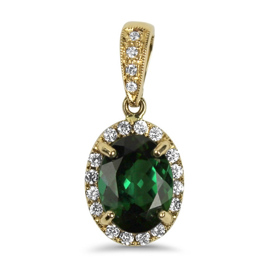 Jewelry Springer's Collection Pendants | 14K Yellow Gold Oval Tourmaline And Diamond Halo Pendant