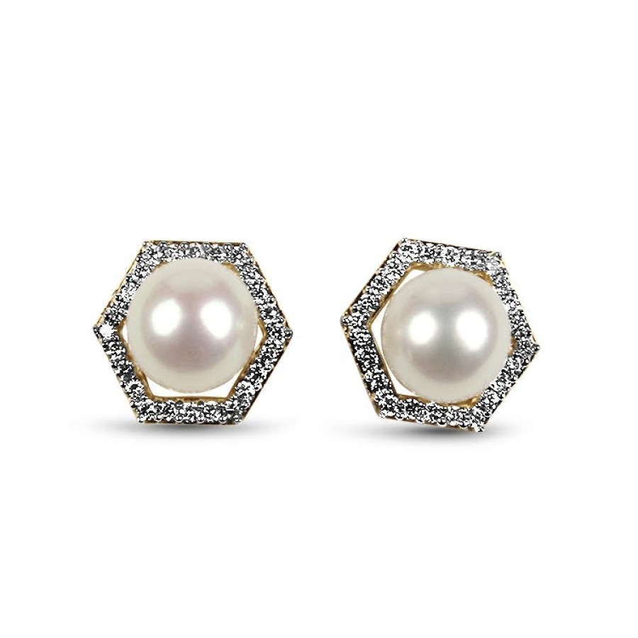 Jewelry Mastoloni Stud Earrings | Mastoloni Yellow Gold Pearl And Diamond Geometric Stud Earrings