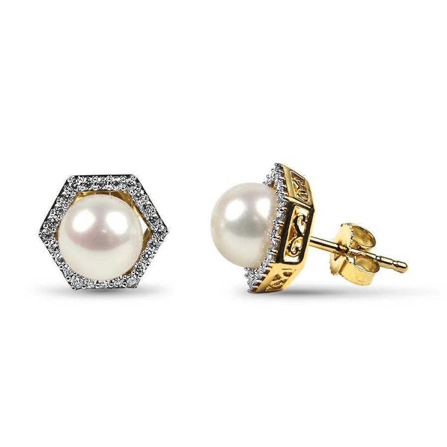 Jewelry Mastoloni Stud Earrings | Mastoloni Yellow Gold Pearl And Diamond Geometric Stud Earrings