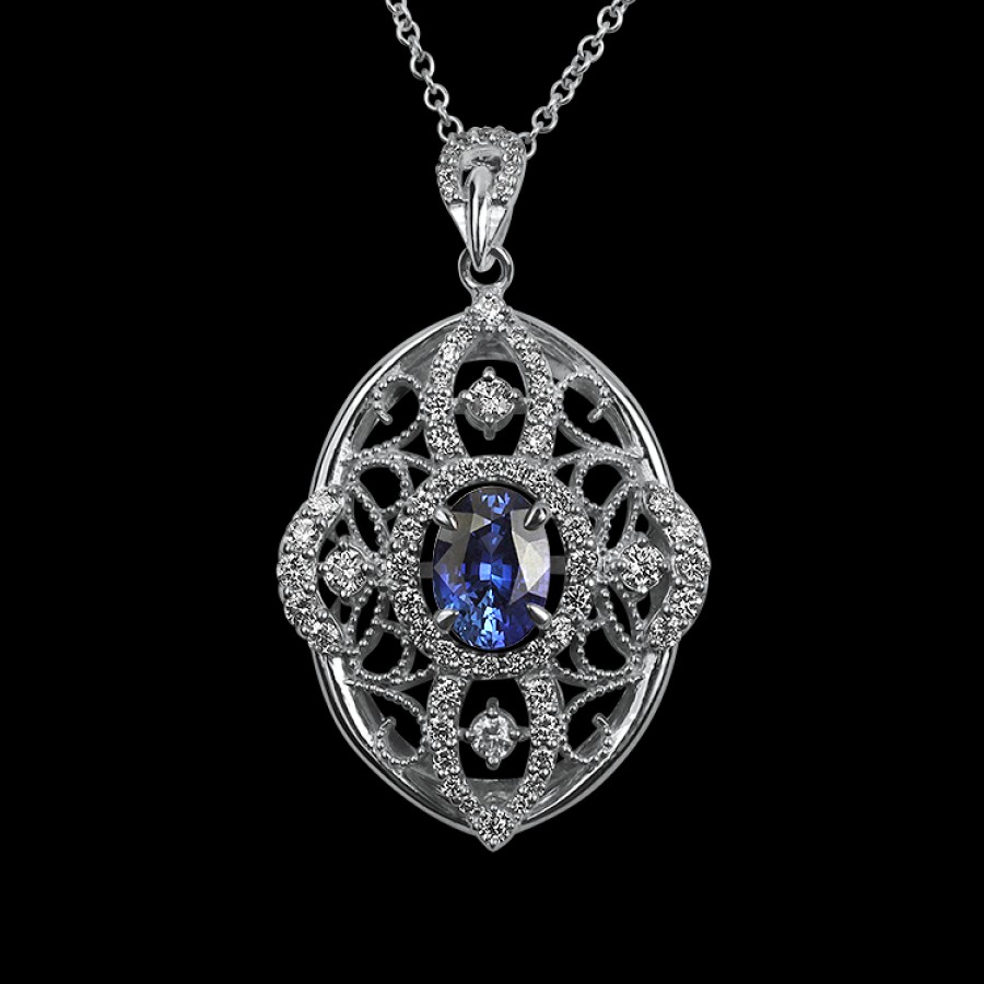 Jewelry Christopher Designs Diamond Necklaces & Pendants | Christopher Designs 14K White Gold Sapphire And Diamond Pendant Neckla