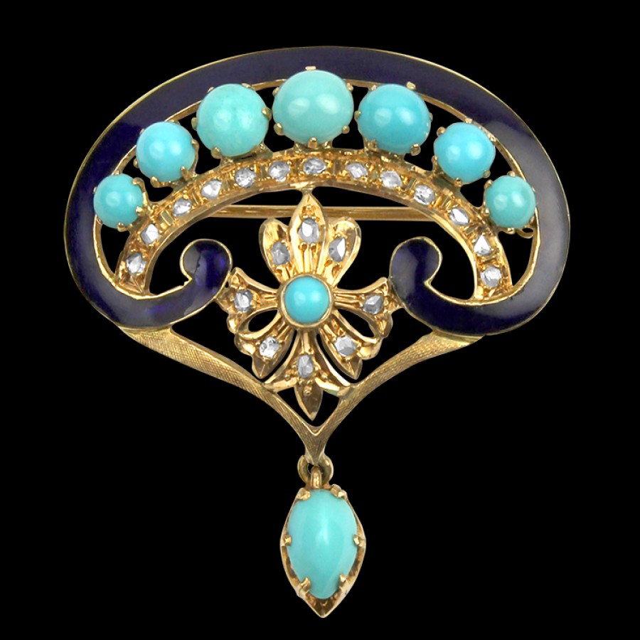 Estate PAGE Estate | Estate 14K Yellow Gold Enameled Turquoise & Diamond Brooch