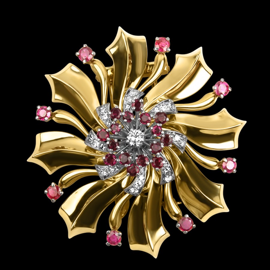 Estate Estate Tiffany & Co. | Estate Tiffany & Co. 18K Yellow & White Gold Diamond & Ruby Brooch