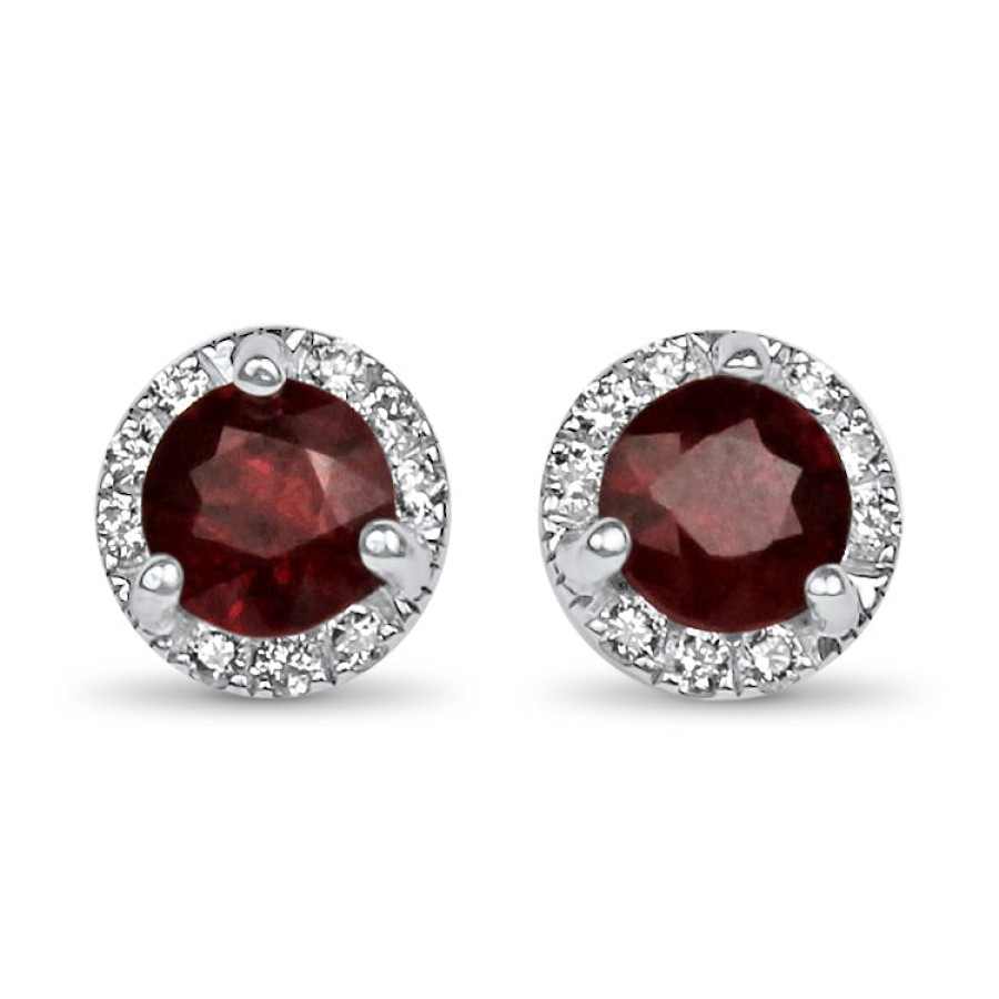 Jewelry Springer's Collection Stud Earrings | 14K White Gold Ruby & Diamond Halo Stud Earrings