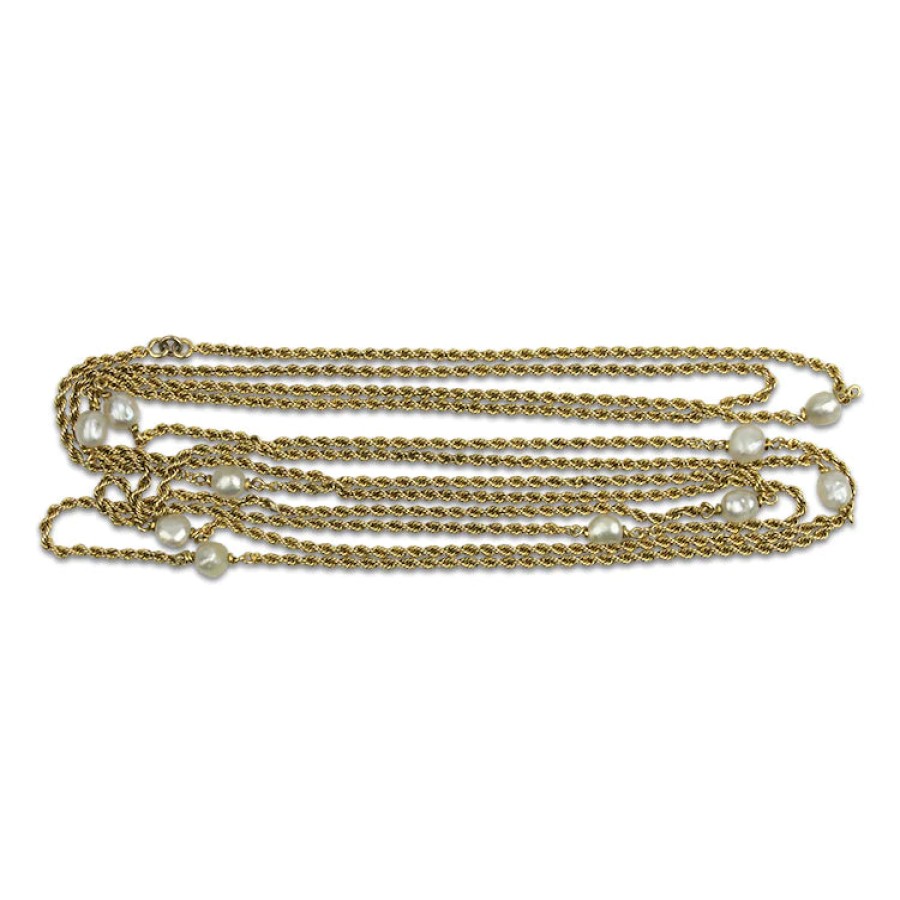 Estate PAGE Estate | Estate 14K Yellow Gold Pearl Stations 56" Rope Chain Necklace