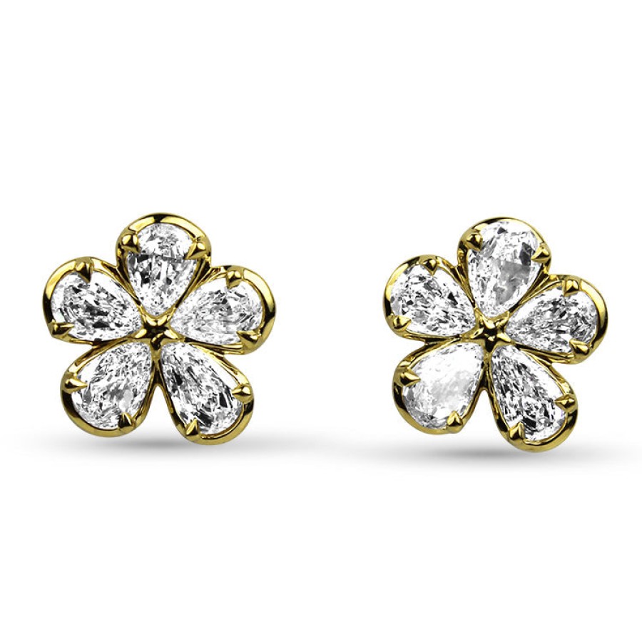 Jewelry Christopher Designs Diamond Earrings | Christopher Designs 18K Yellow Gold Pear Cut Diamond Flower Earrings