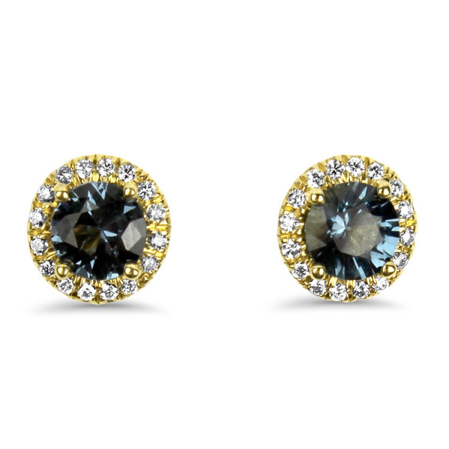 Jewelry Springer's Collection Stud Earrings | 18K Yellow Pair Of Blue Spinel And Diamond Stud Earrings