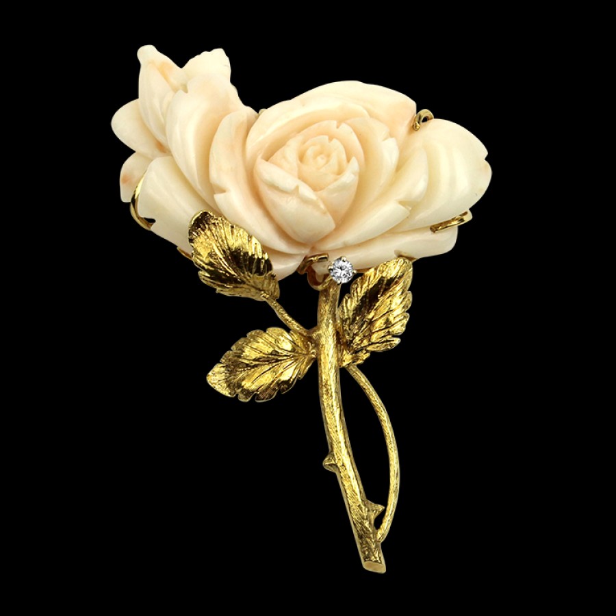 Estate PAGE Estate | Estate 18K Yellow Gold Carved Coral Rose Brooch