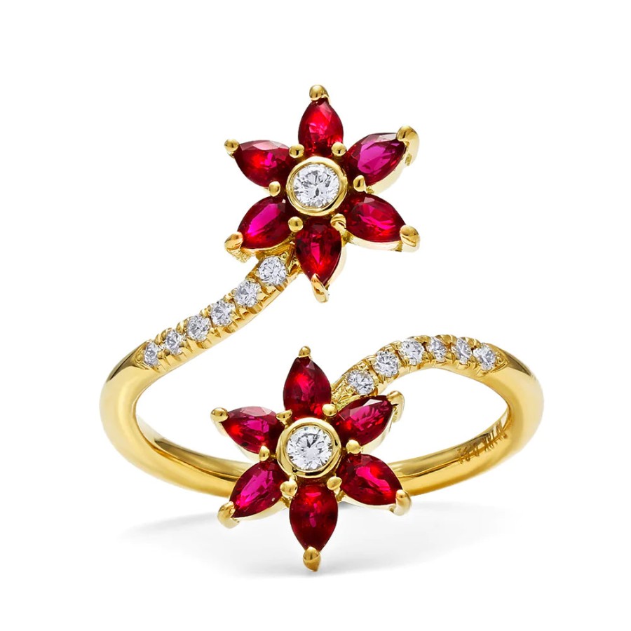 Jewelry Mark Henry Diamond Rings | Mark Henry 18K Yellow Gold Daffodil Garden Twin Ruby And Diamond Flowe