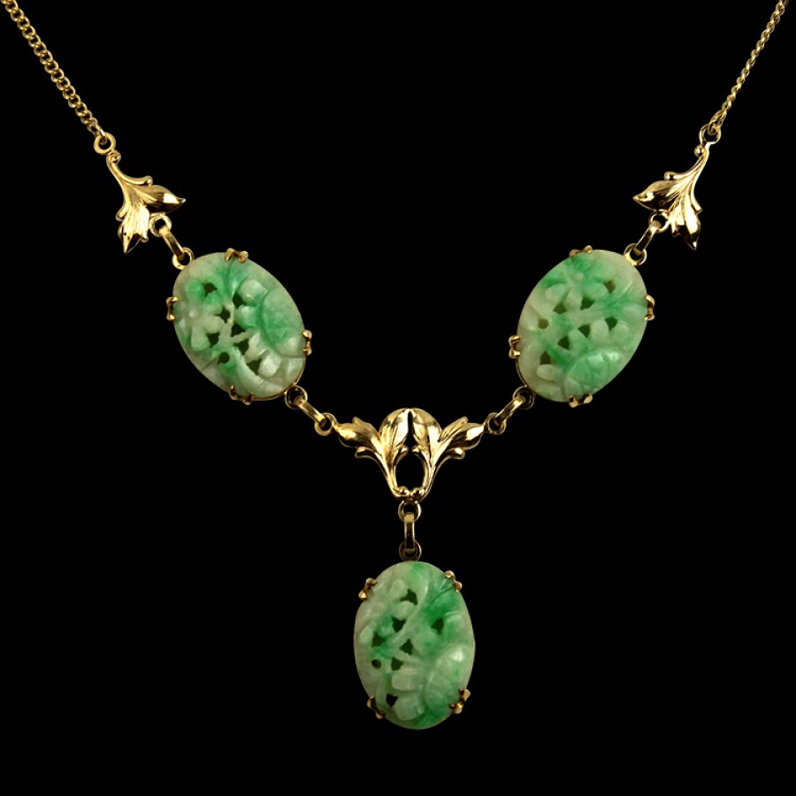 Estate PAGE Estate | Estate 10K Yellow Gold Carved Jade Floral Necklace