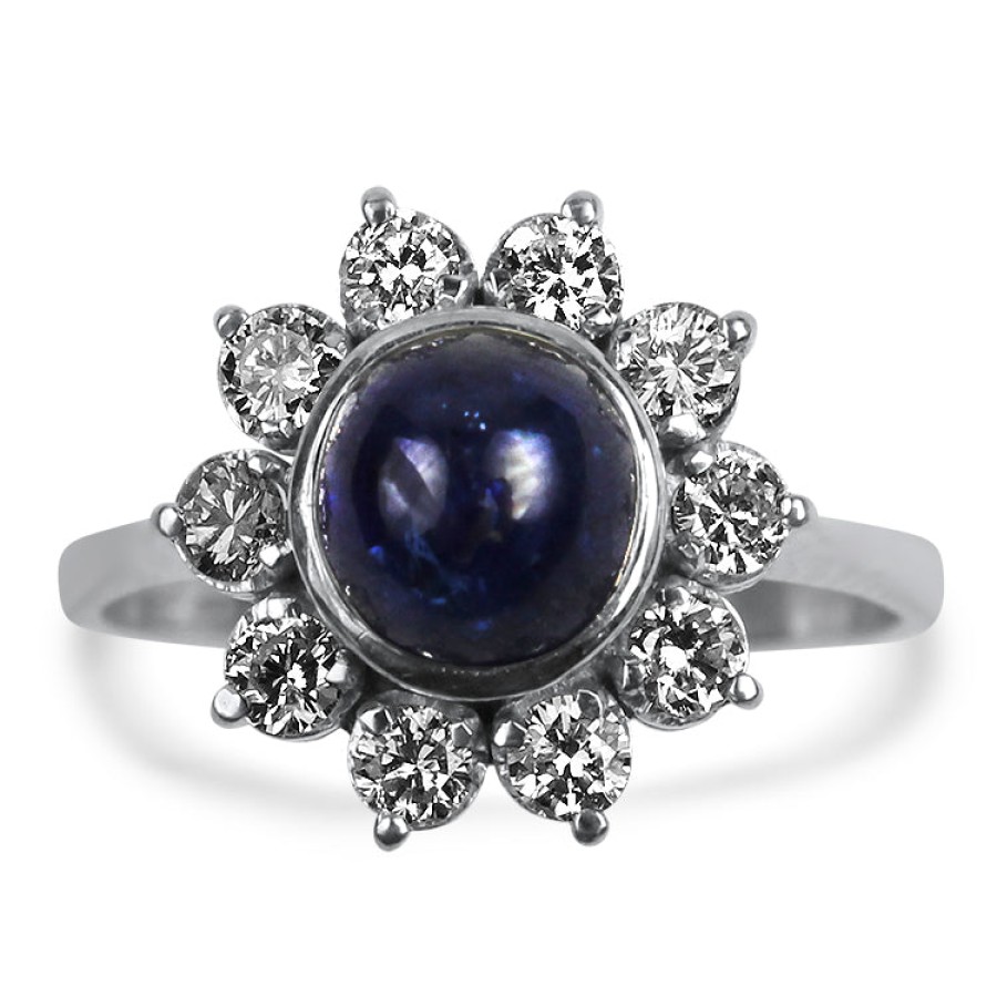 Estate PAGE Estate | Estate 18K White Gold 1.75 Cabochon Sapphire Ring With Diamond Halo