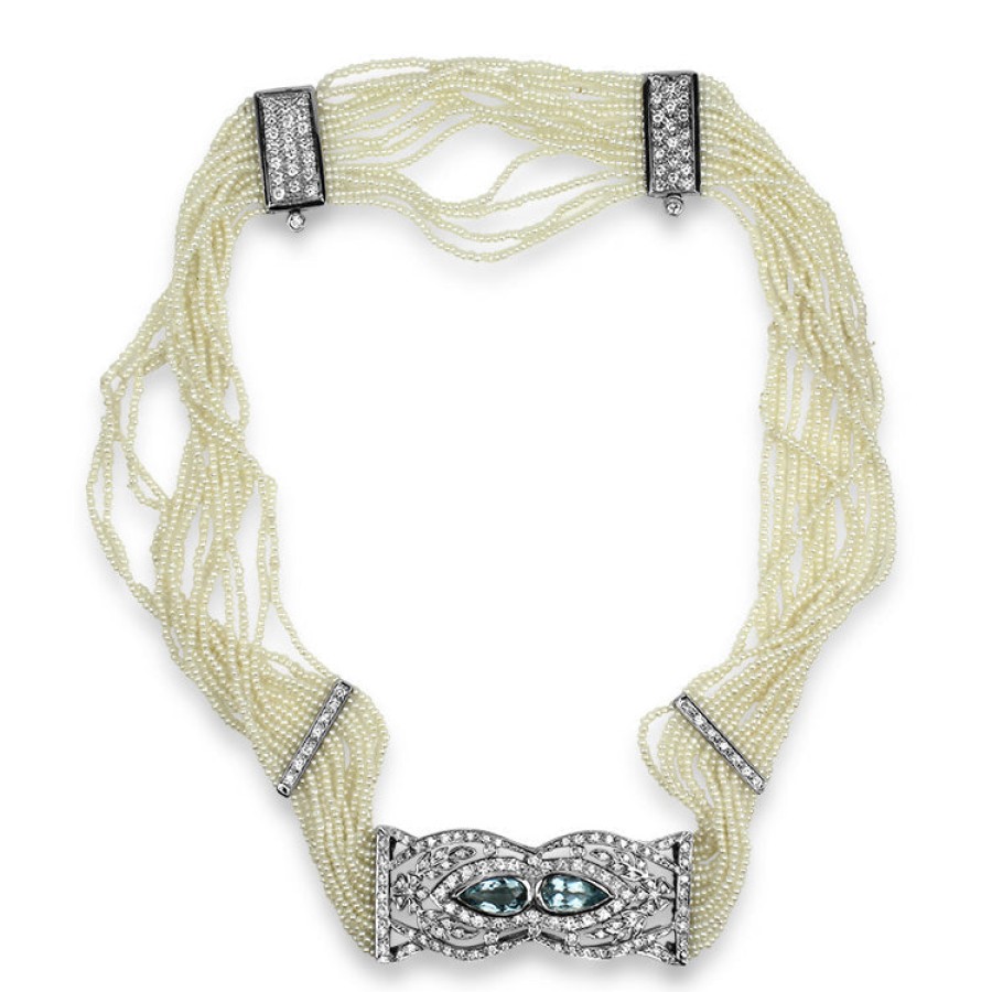 Estate PAGE Estate | Estate 14K White Gold Aquamarine Diamond And Seed Pearl Necklace