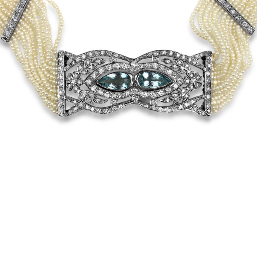 Estate PAGE Estate | Estate 14K White Gold Aquamarine Diamond And Seed Pearl Necklace