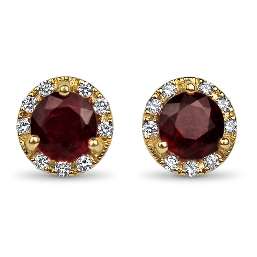 Jewelry Springer's Collection Stud Earrings | 14K Yellow Gold Ruby & Diamond Halo Stud Earrings