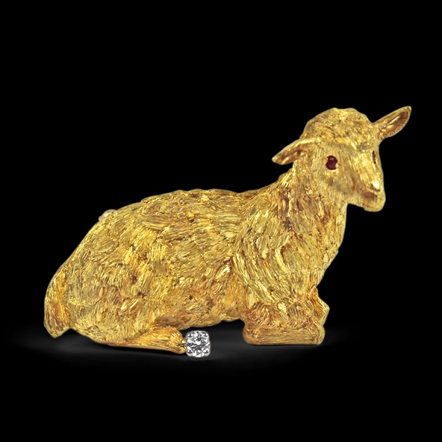 Estate PAGE Estate | Estate 18K Yellow Gold Lamb Diamond & Ruby Brooch