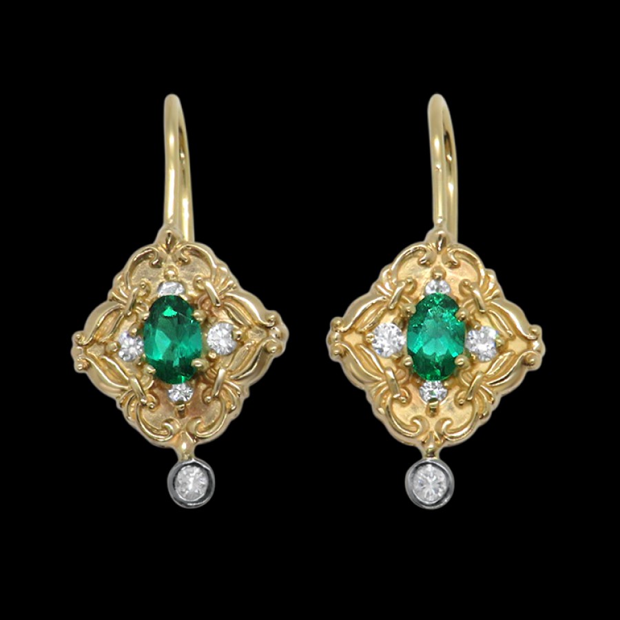 Estate PAGE Estate | Estate 14K Yellow Gold Emerald And Diamond Dangle Earrings