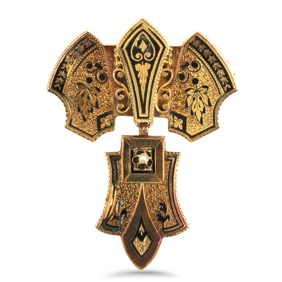 Estate PAGE Estate | Estate 14K Yellow Gold Engraved Black Enamel Pin/Pendant