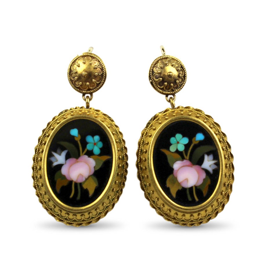 Estate PAGE Estate | Estate Yellow Gold Floral Pietra Dura Inlay Drop Earrings