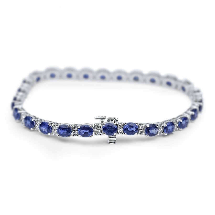 Jewelry Springer's Collection Tennis + Line Bracelets | Springer'S Collection 14K White Gold Ceylon Sapphire And Diamond Line