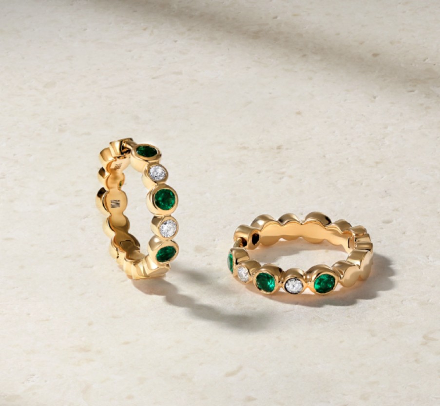 Jewelry Mark Henry Diamond Earrings | Mark Henry 18K Yellow Gold "Bubbly Emerald And Diamond Mini" Hoop Earr