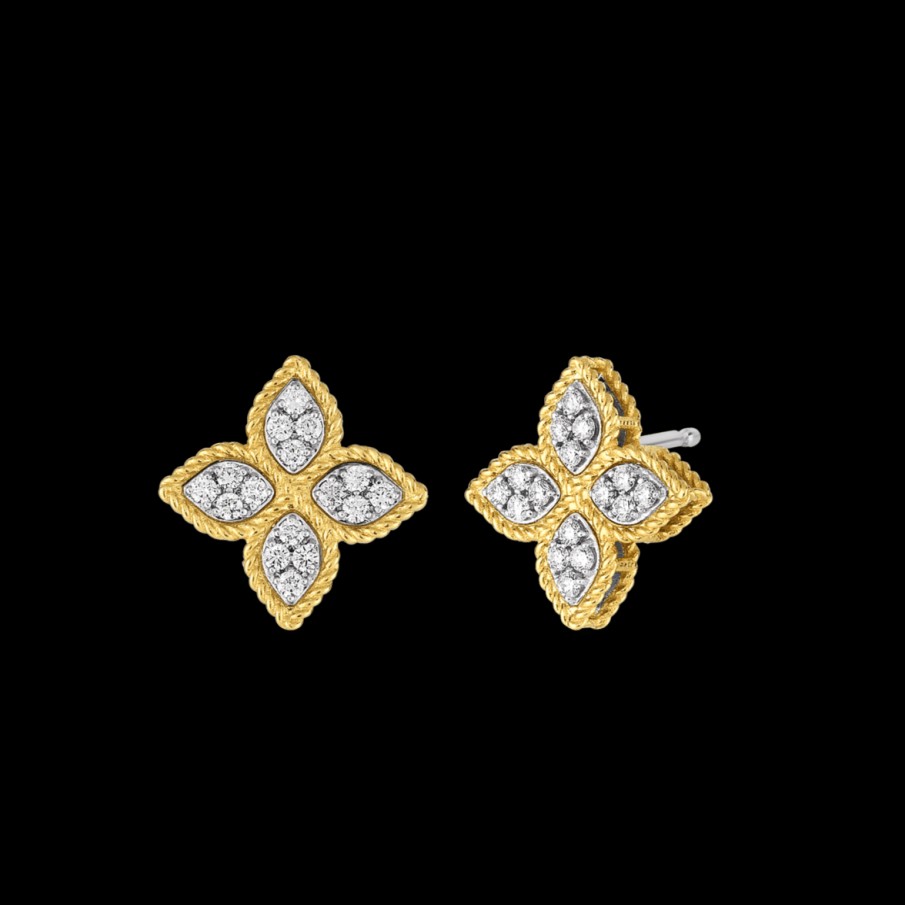 Jewelry Roberto Coin Diamond Earrings | Roberto Coin Princess Flower 18K Yellow Gold Medium Diamond Stud Earri