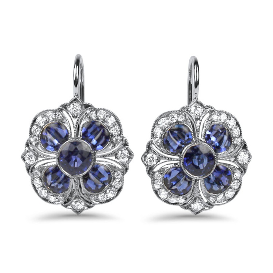 Jewelry Kwiat Diamond Earrings | Kwiat 18K White Gold Kwiat Floret Pendant Diamond And Sapphire Dangle