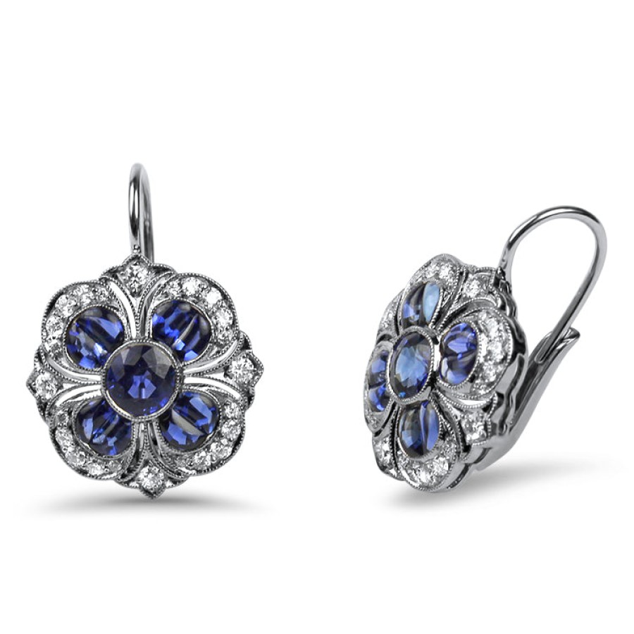 Jewelry Kwiat Diamond Earrings | Kwiat 18K White Gold Kwiat Floret Pendant Diamond And Sapphire Dangle