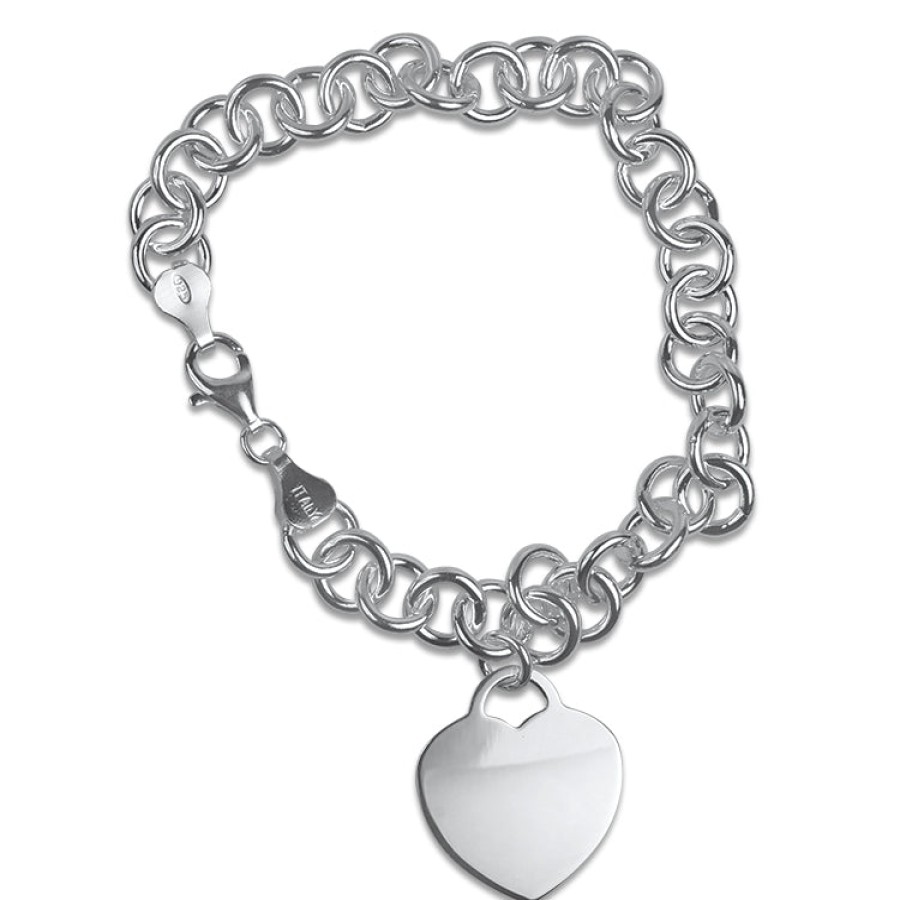 Jewelry Springer's Collection Link Bracelets | Sterling Silver Round Link Bracelet With Heart Charm