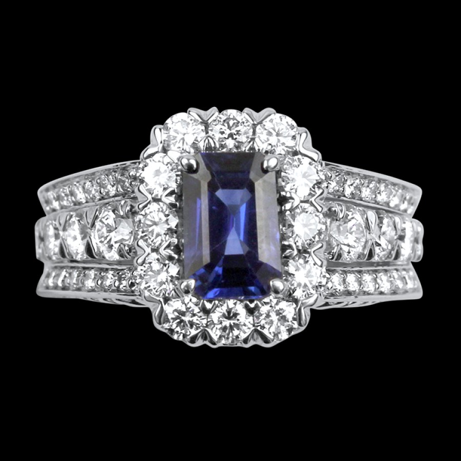 Jewelry Christopher Designs Diamond Rings | 18K White Gold Emerald Cut Sapphire And Diamond Ring