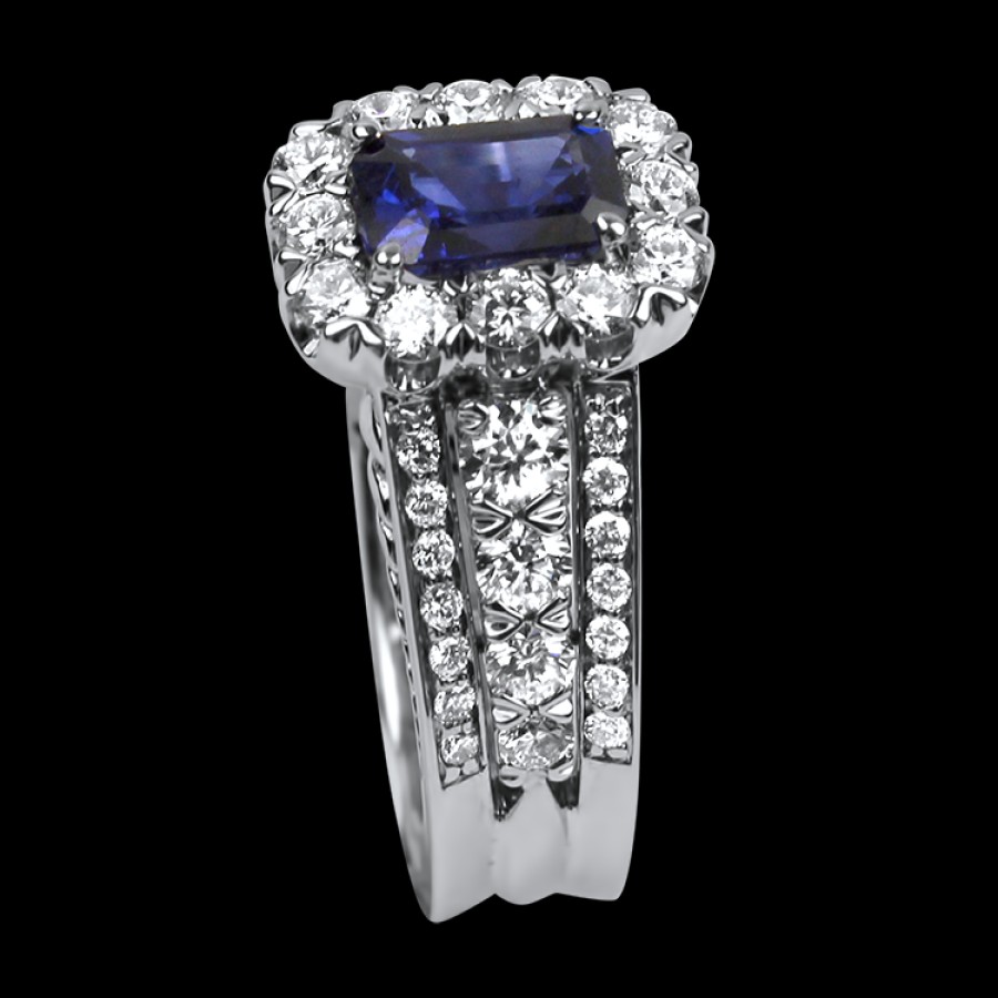 Jewelry Christopher Designs Diamond Rings | 18K White Gold Emerald Cut Sapphire And Diamond Ring