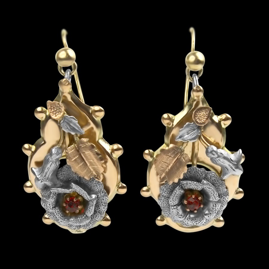 Estate PAGE Estate | Estate 9K Yellow/Rose Gold & Sterling Silver Glass Floral Earrings