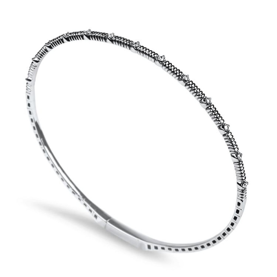 Jewelry Christopher Designs Bangle Bracelets | Christopher Designs 14K White Gold Crisscut Diamond Station Memory Cuf