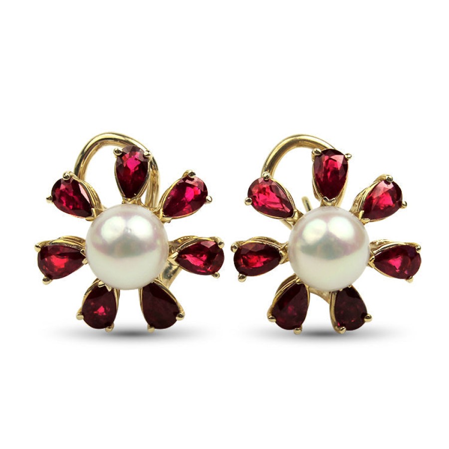 Estate PAGE Estate | Estate 14K Yellow Gold Cultured Pearl And Ruby Sunburst Stud Earrings