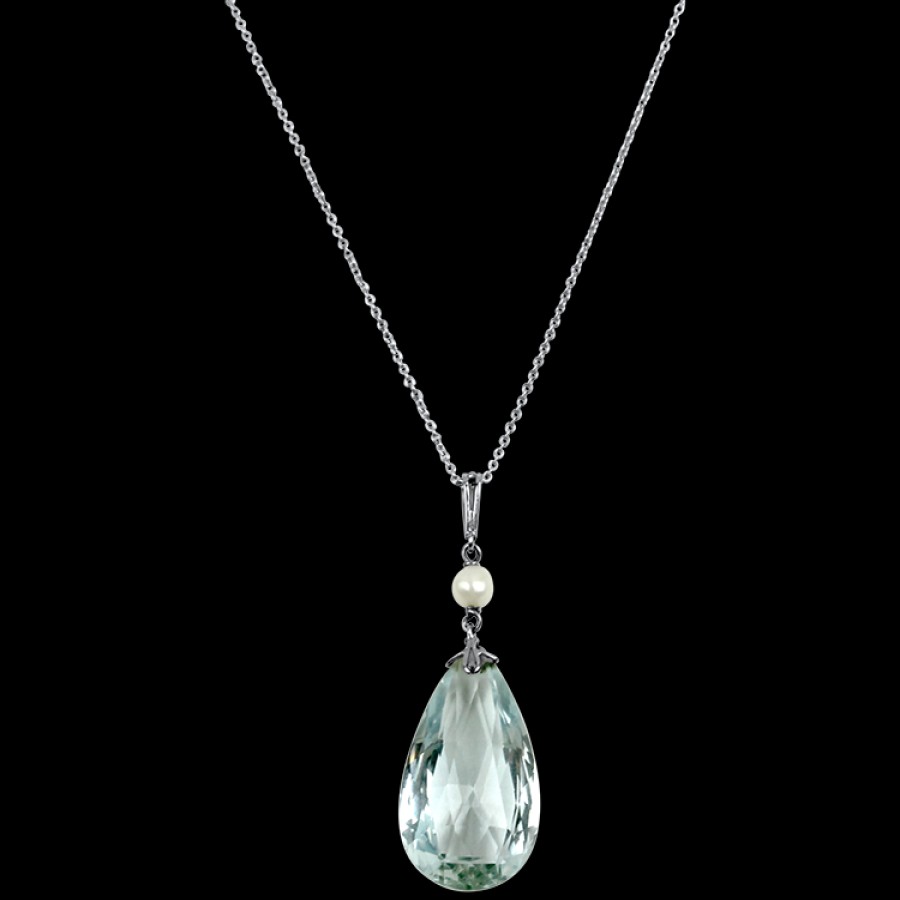 Estate PAGE Estate | Estate 14K White Gold Aquamarine & Pearl Pendant Necklace