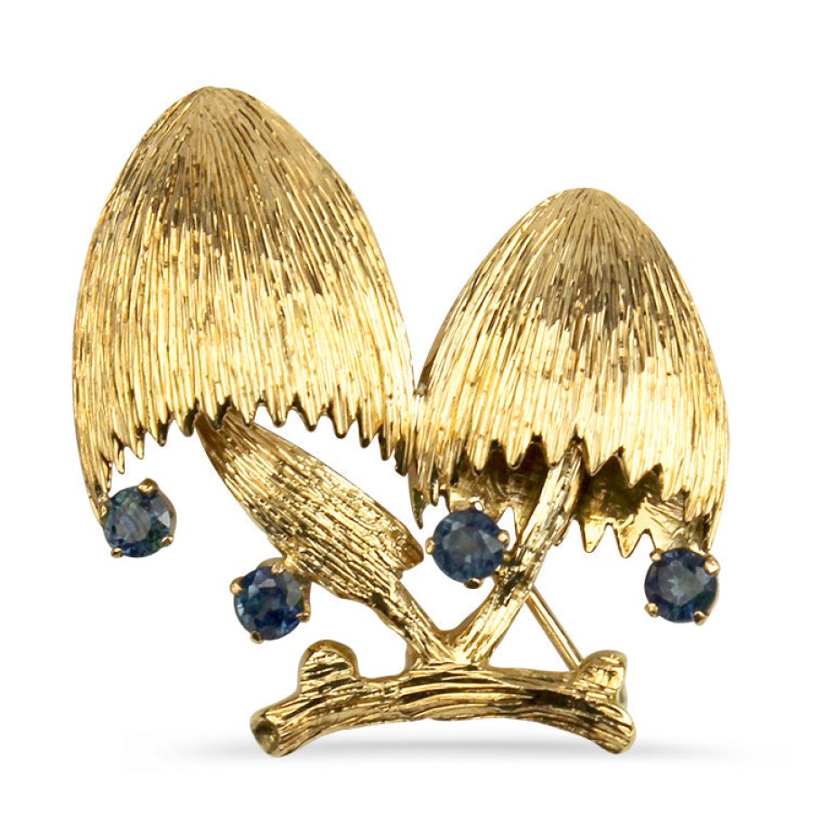 Estate PAGE Estate | Estate 18K Yellow Gold Textured Mushroom And Blue Sapphire Pin