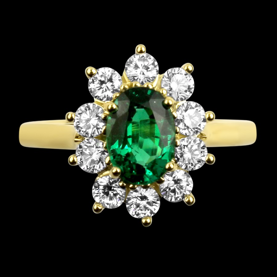 Jewelry Springer's Collection Diamond Rings | Suna Bros 18K Yellow Gold Oval Emerald And Diamond Halo Ring